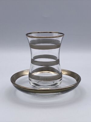 Pasabahce Turkish Tea Glass & Saucer 12 Pc Set Silver Overlay Trim Design In Box