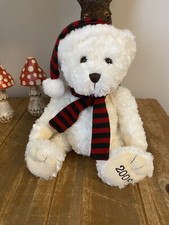 Sainsbury’s White Teddy Bear Soft Toy 2009 Green/Red Striped Hat/Scarf 12” Xmas