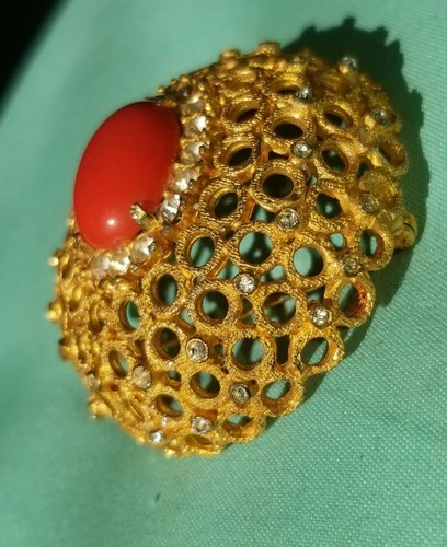 Rare Vintage DeNicola Signed Dome Brooch Big MCM Coral Cab Rhinestone Statement - Picture 11 of 12