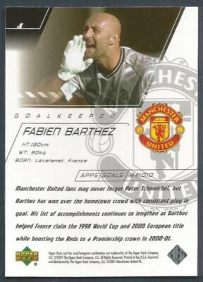 Carte Upper Deck Manchester United 2001-2002 : Fabien Barthez Premier Power N°49 – Excellent état