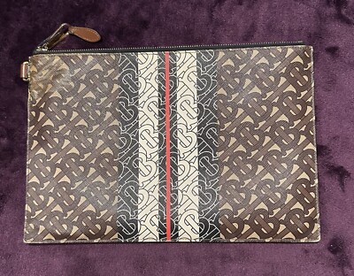 Burberry Monogram E Canvas Leather Clutch Bag Second Calf Brown