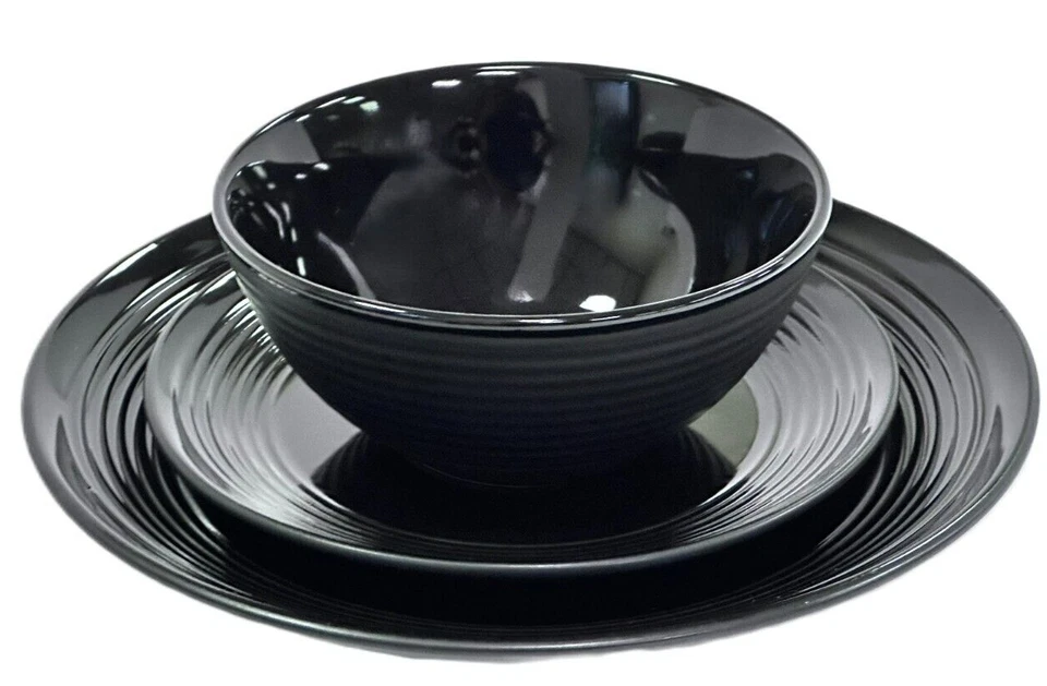 Soho Living Portland 12pc Stoneware Dinner Set Ribbed Glossy Black Finish - Image 2 of 3