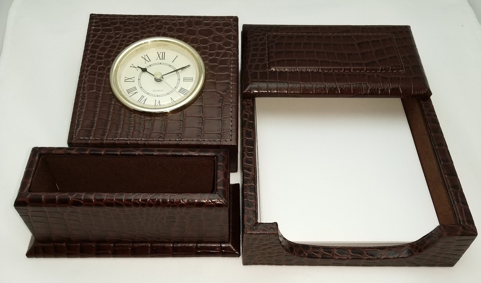 (NEW) Croco Leather 3 pc Desk Set Table Clock, Business Card Holder, Memo case