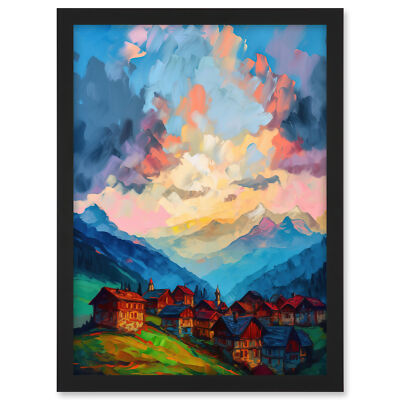 Atmospheric Dawn Clouds Small Village in the Alps Framed Art Picture Print A3