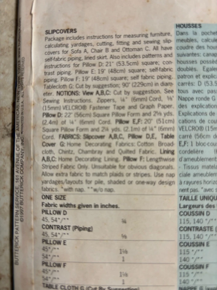 Slipcovers Sewing Pattern Sofa Chair Ottoman Butterick 5290 New Uncut - Image 2 of 2