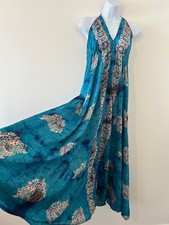 Blue Frill Dress Long SILK One Size Maxi Vintage Hippie Indian Bohemian Paisley