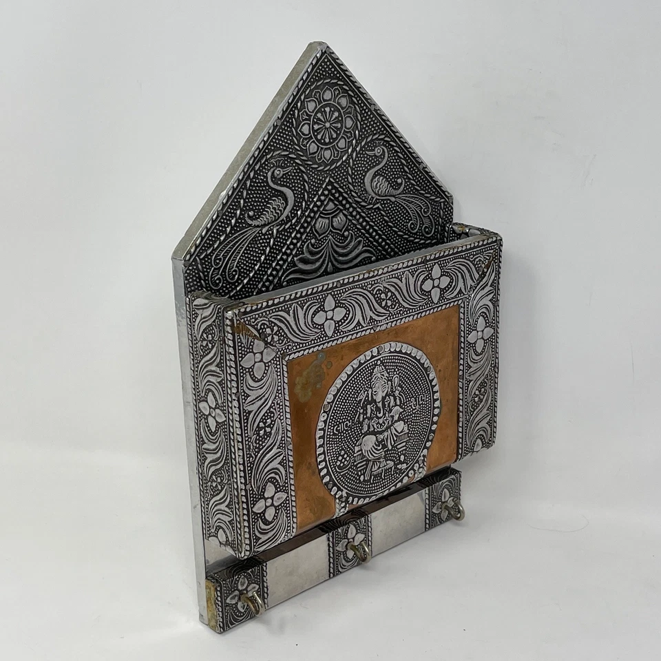Portacartas Ganesha Llave Correo Plata Cobre Metal Repujado Pájaros Hindú India Foto 3 de 4