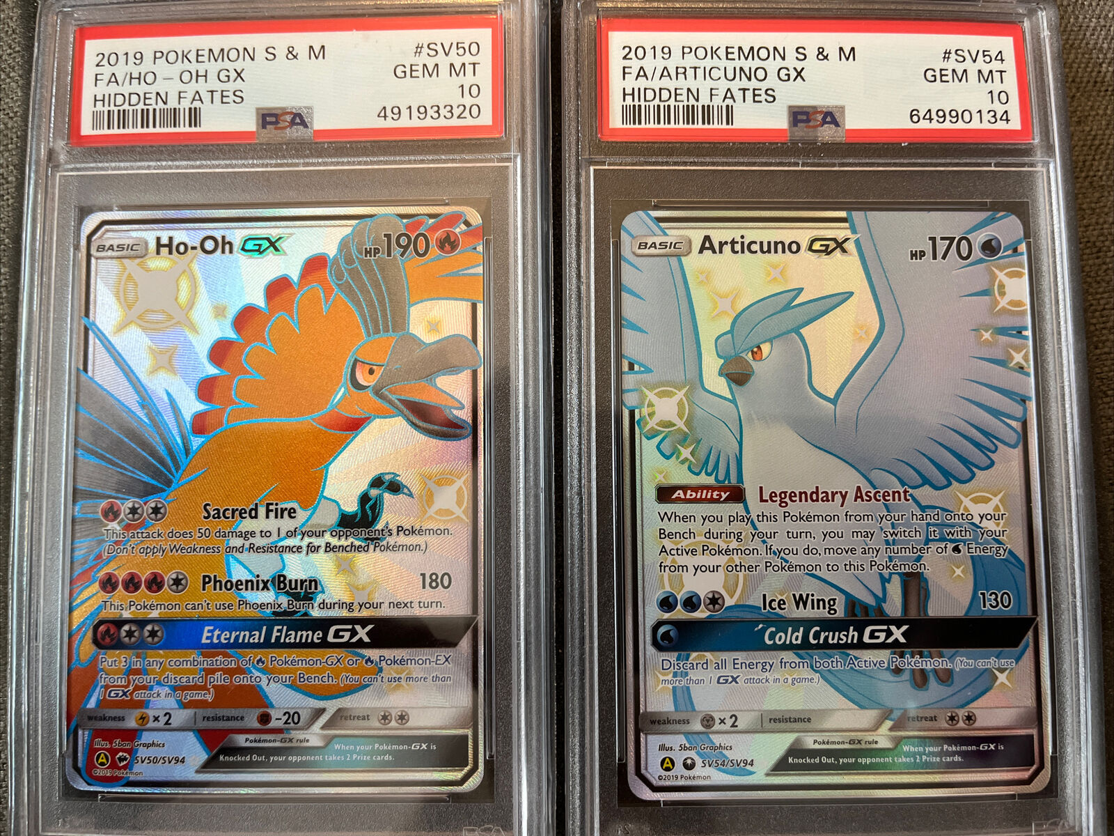 PSA 10 Gem Mint Articuno GX SV54/SV94 & Ho-oh GX SV50/SV94 Hidden Fates Full Art