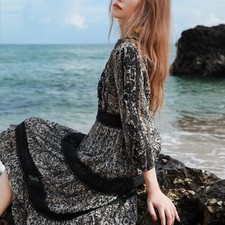 Black Floral Dress Jacquard Slim Fit Holiday Dress Women A-line V-neck Beach
