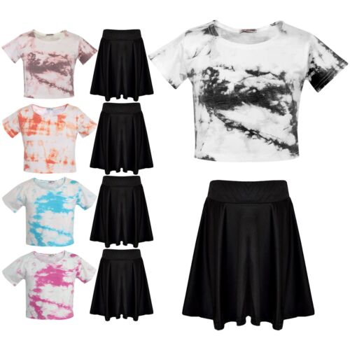 Kids Girls Crop Top & Skirt Black Tie Dye Print Summer Outfit Clothing Sets - Picture 1 of 32