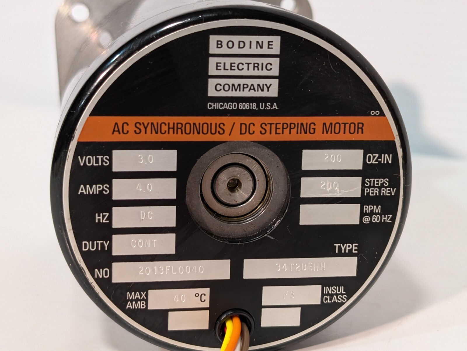 NEW Bodine 34T2BEHH DC Stepper Motor 2013FL0040 3V 4A 200 OZ-IN 200 Steps/Rev