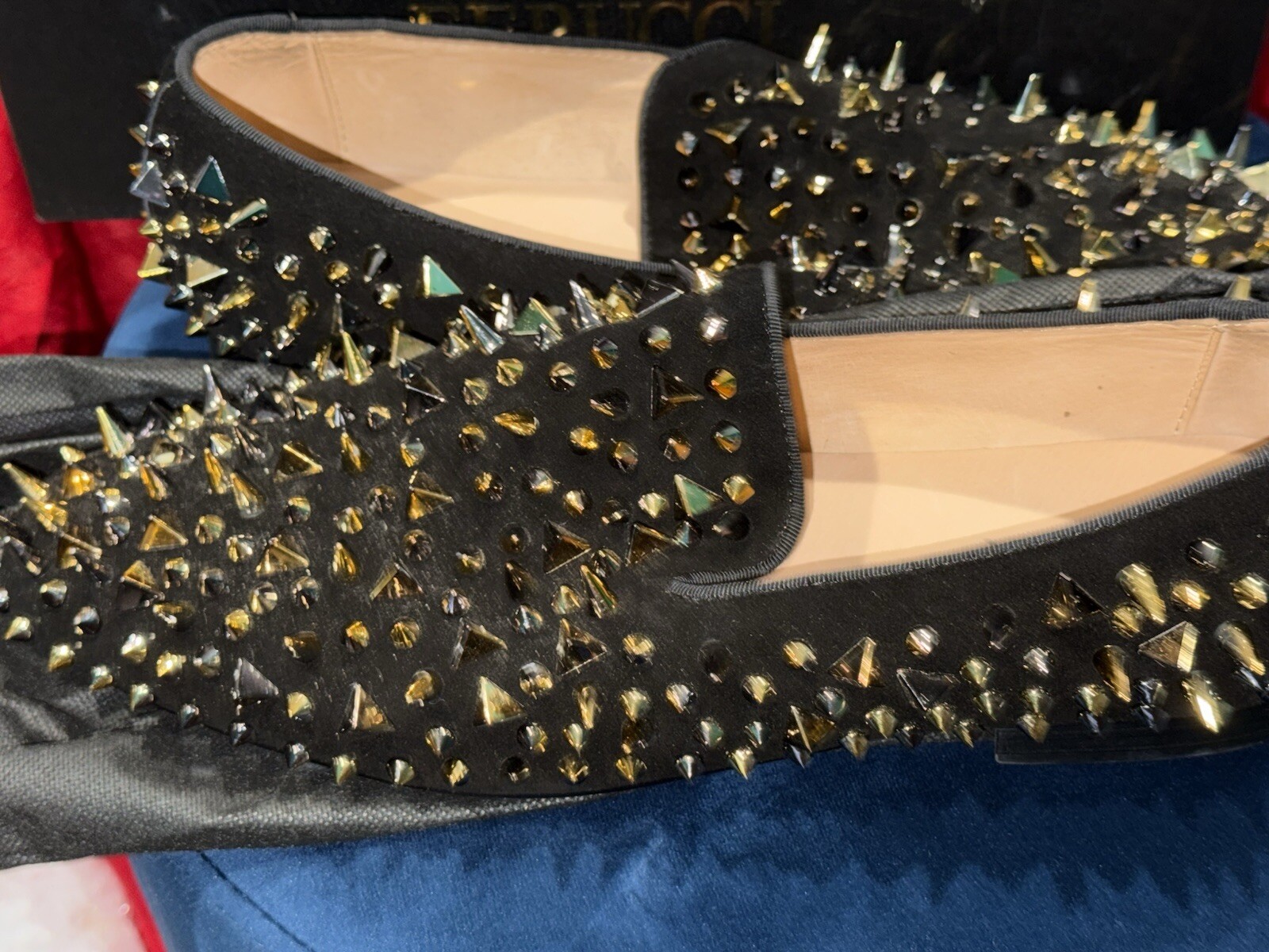 PANTOFOLA D’ORO Mocassini ciabatte uomo FERUCCI velluto nero piatte oro punte rivetto matrimonio ballo