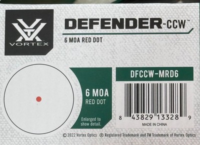 VORTEX DEFENDER-CCW RED DOT SIGHT 6 MOA MODEL # DFCCW-MRD6  *******N/R*