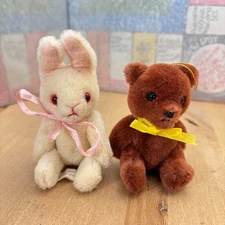 2 Vintage Miniature Plush Animals, Jointed Bear and Bunny, 4"