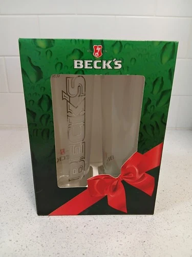 BECKS BEER GLASS GIFT SET (2) Authentic German Bar Glasswear Mint OOP Rare