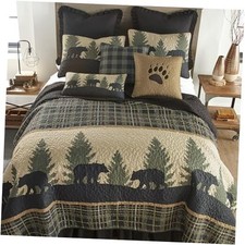 King Quilt - Bear Walk Plaid Lodge Quilt with Bear Pattern - Machine Washable