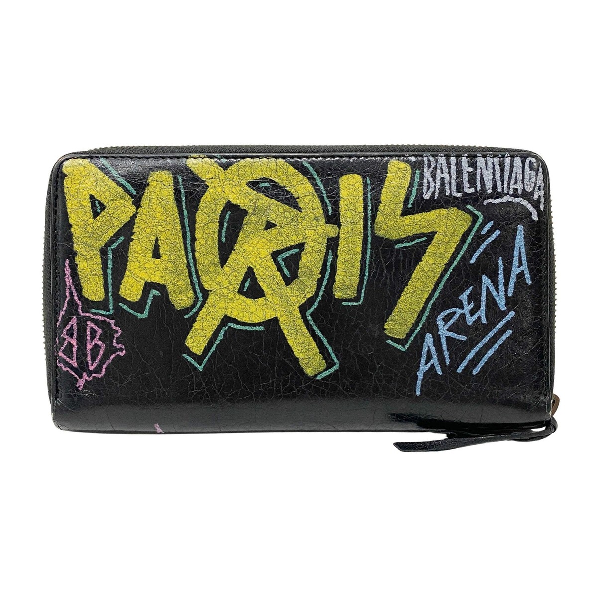 BALENCIAGA Graffiti Round Zipper Black Lambskin Leather Wallet | eBay