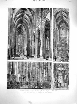Original alter antiker Druck 1880 Kölner Dom Architektur Transept Orgel