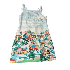 Eliza J Sz 10 Blue Sky Tropical Village Print Sleeveless Dress Tie Shoulder New