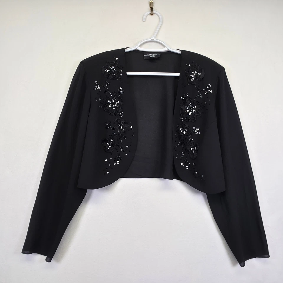 RM Richards Bolero Jacket Womens 14W Black Sequin Beaded Flower Shrug Evening - Image 2 of 4