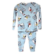 Peanuts Snoopy Woodstock Kids Pajama Set Blue Hearts Valentine Long Sleeve 2PC