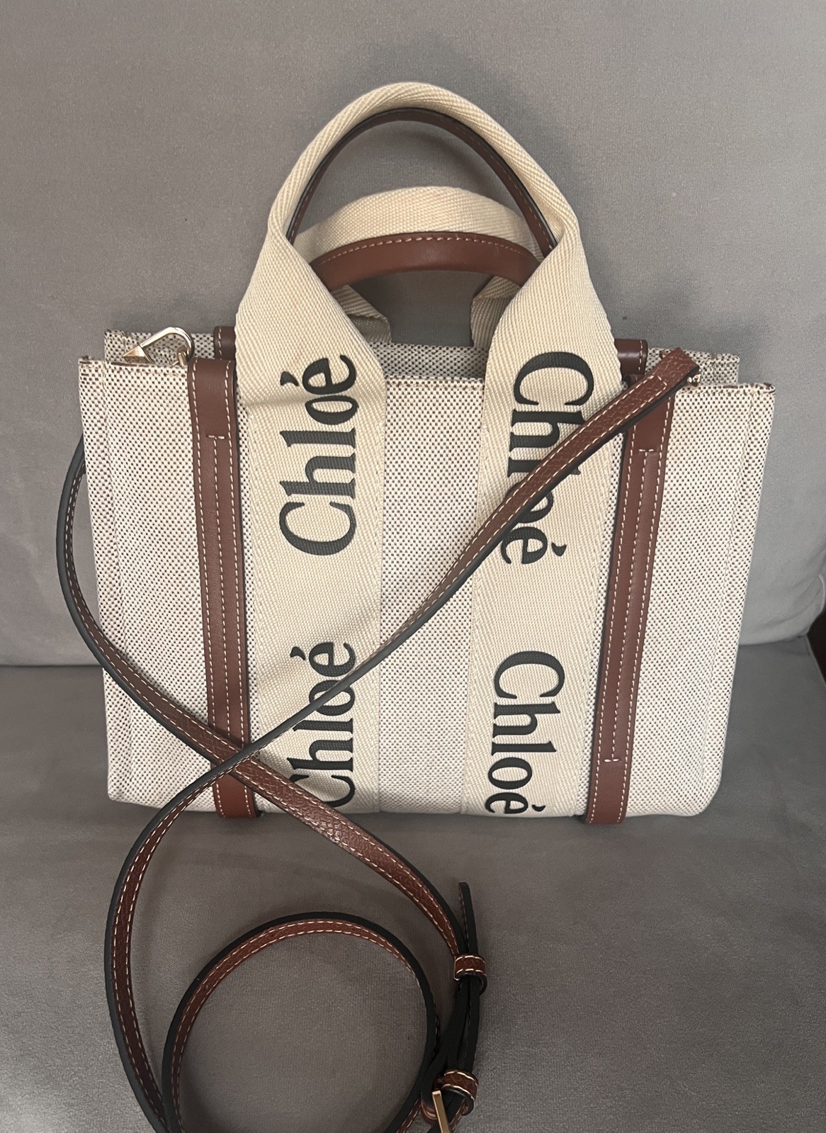 Chloé Woody Small Tote Logo Bag White (Linen) Canvas Brown Leather Trim