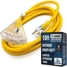 10 ft - 12 Gauge Heavy Duty Extension Cord - 3 Outlet Lighted SJTW - Indoor/O...