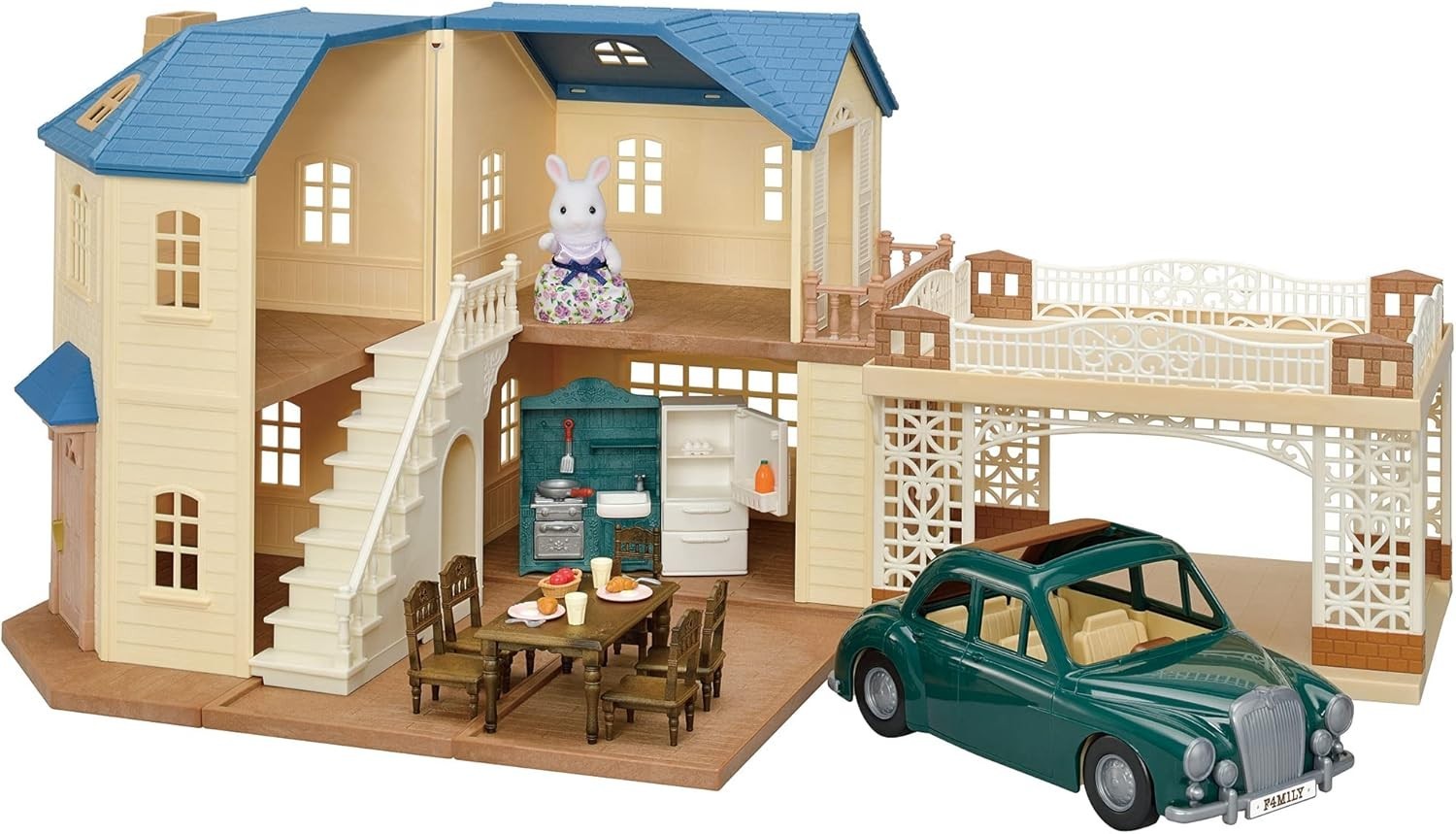 Sylvanian Families Blue Roof House with Carport – Deluxe  Set Incomplete, No box
