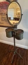 Antique Nickel Chrome Adjustable Shaving Floor Stand Dual Mirror & Compartments