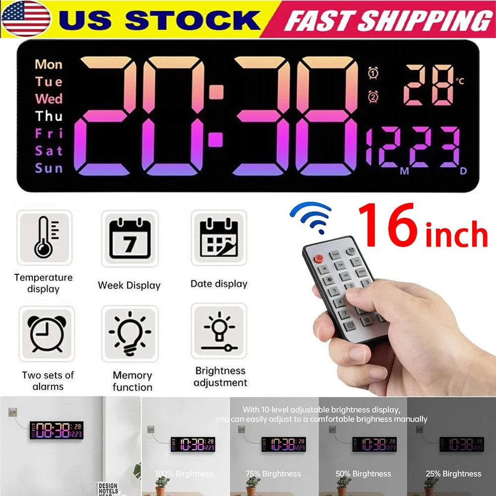16inch BIG DIGITAL LED CLOCK WALL MOUNT LARGE NUMBERS TIMER DATE TEMPERATURE US