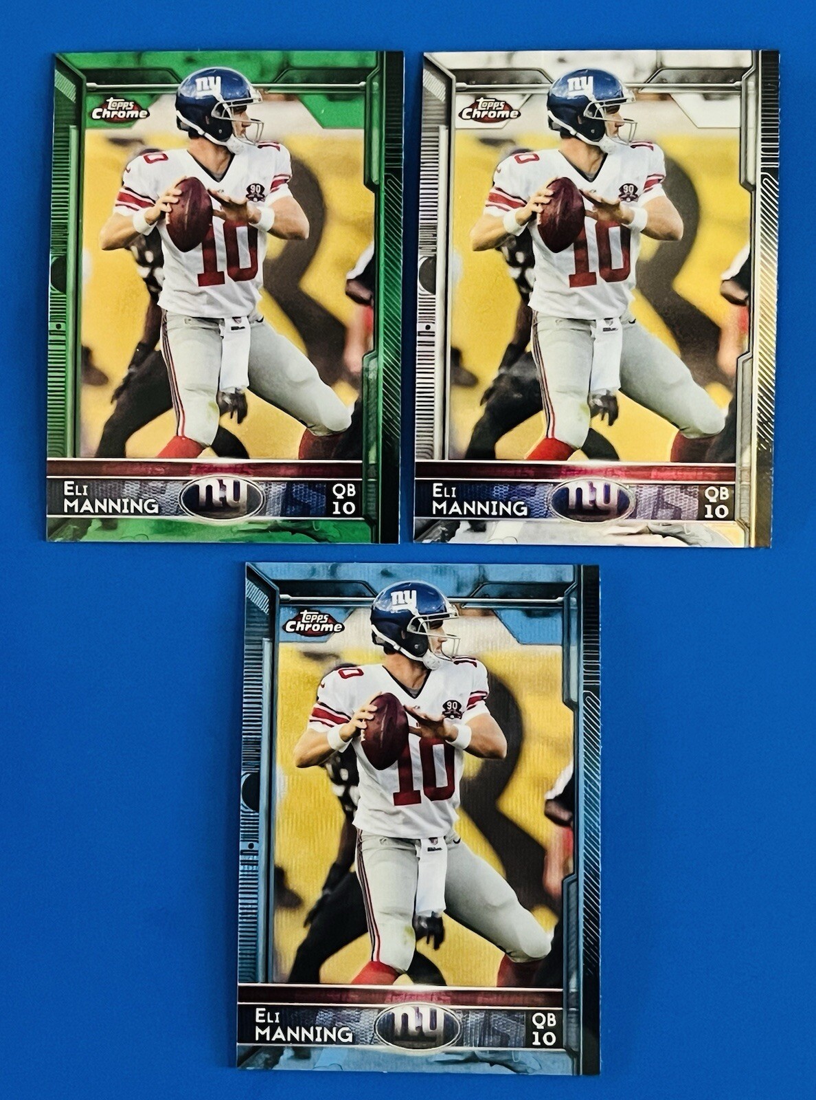 (3)  2015 Topps Chrome Eli Manning Blue Wave, Green & Silver Refractor Cards #55