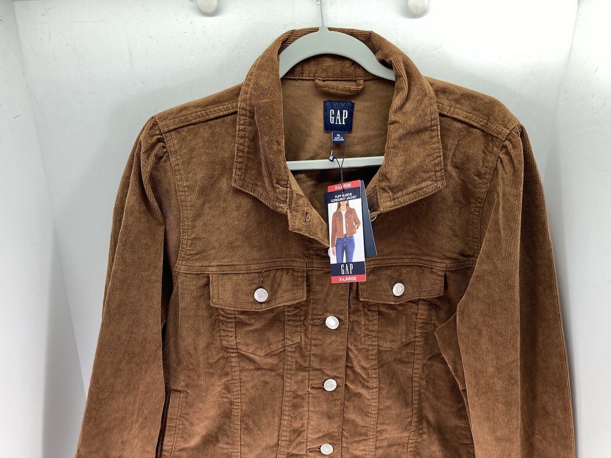 Gap Corduroy Jacket Women Size XL Brown Button Puff Sleeve