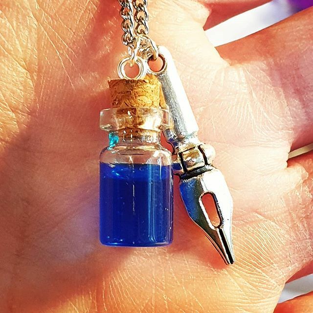 Unique BLUE INK PEN & BOTTLE NECKLACE cute CHARM pendant STU