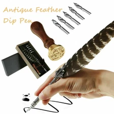 Calligraphy Feather Dip Quill Pen Writing Set Stationery Gift Box w/ 5 Nibs Seal