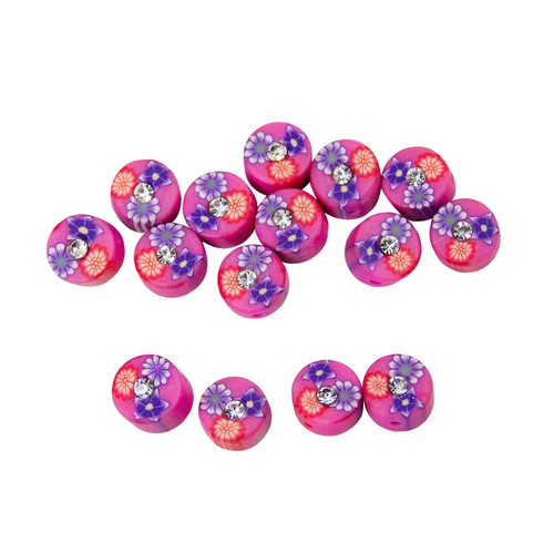 Loose Pink Polymer Clay Floral Disc Craft Beads Silver Rhinestone Center (10mm)