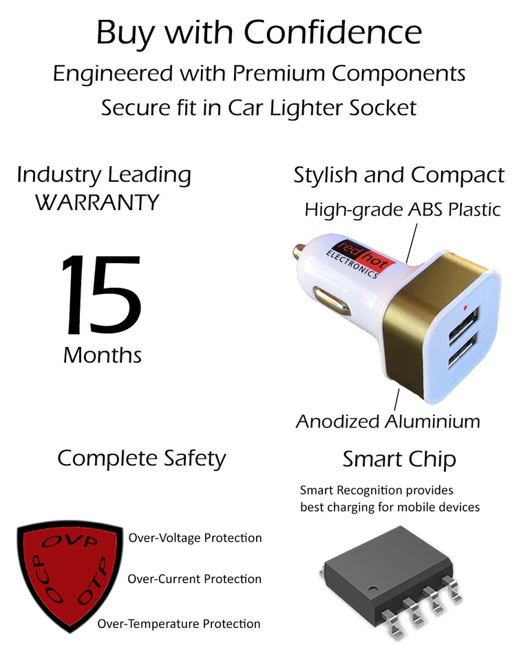 *HECHO EN EE. UU.* Cargador de Coche Premium 2-USB 24W iPhone15 14 13 Samsung Android Dorado Foto 4 de 4