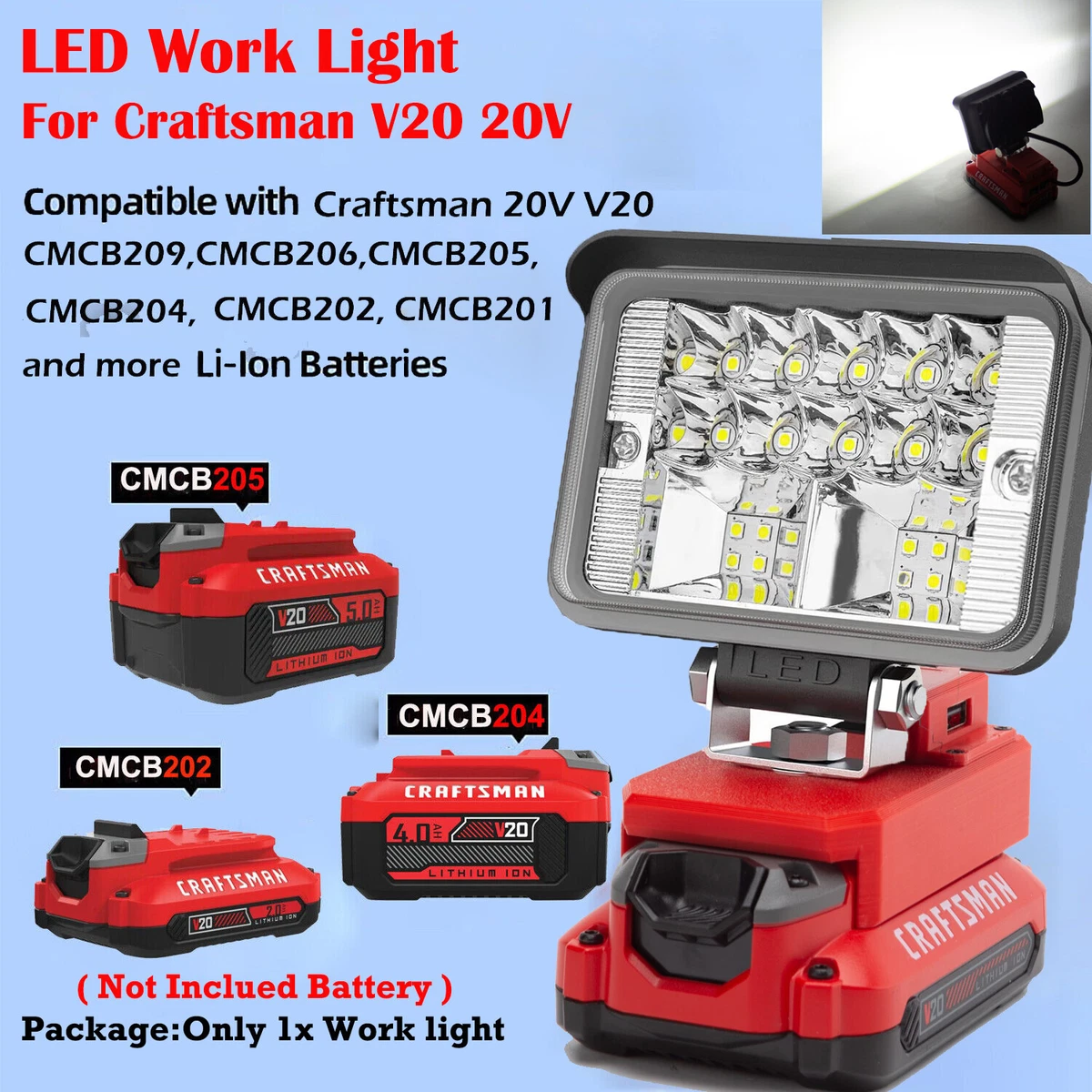 LED Work Light for Craftsman V20 Battery Portable Rechargeable LED