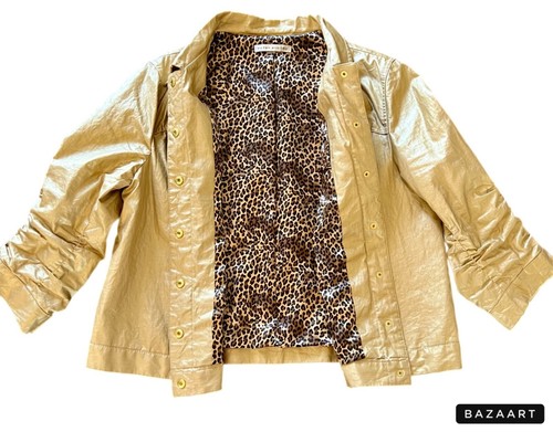 Peter Nygard Metallic Gold Vegan Leather Jacket Animal Print Lined Fabric Inside - Picture 2 of 5