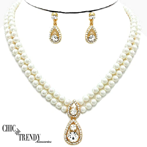 OFF WHITE CLASSICA COLLANA DA SPOSA BIANCA PERLA E CRISTALLO SET DI GIOIELLI FORMALE DA BALLO*