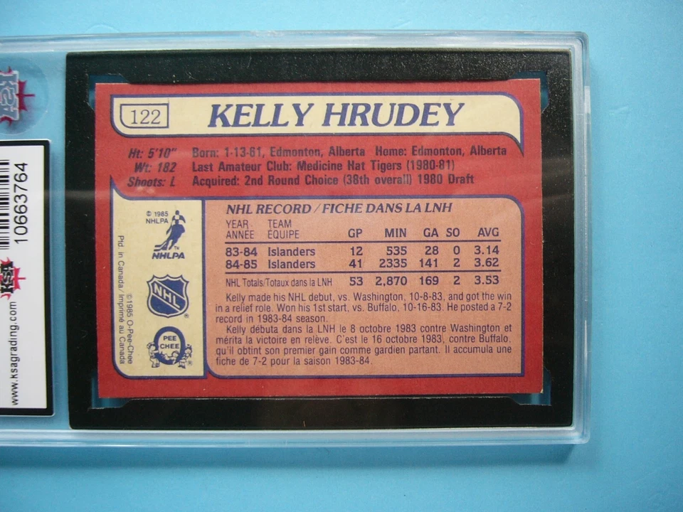 Tarjeta de hockey 1985/86 O-PEE-CHEE NHL #122 KELLY HRUDEY NOVATO RC KSA 10 GEMA MT OPC Foto 4 de 4