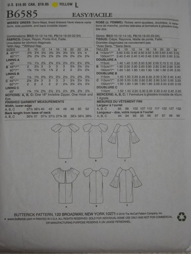 Dress Semi Fitted Lined Misses Size 16-24 Butterick 6585 Sewing Pattern - Picture 2 of 2
