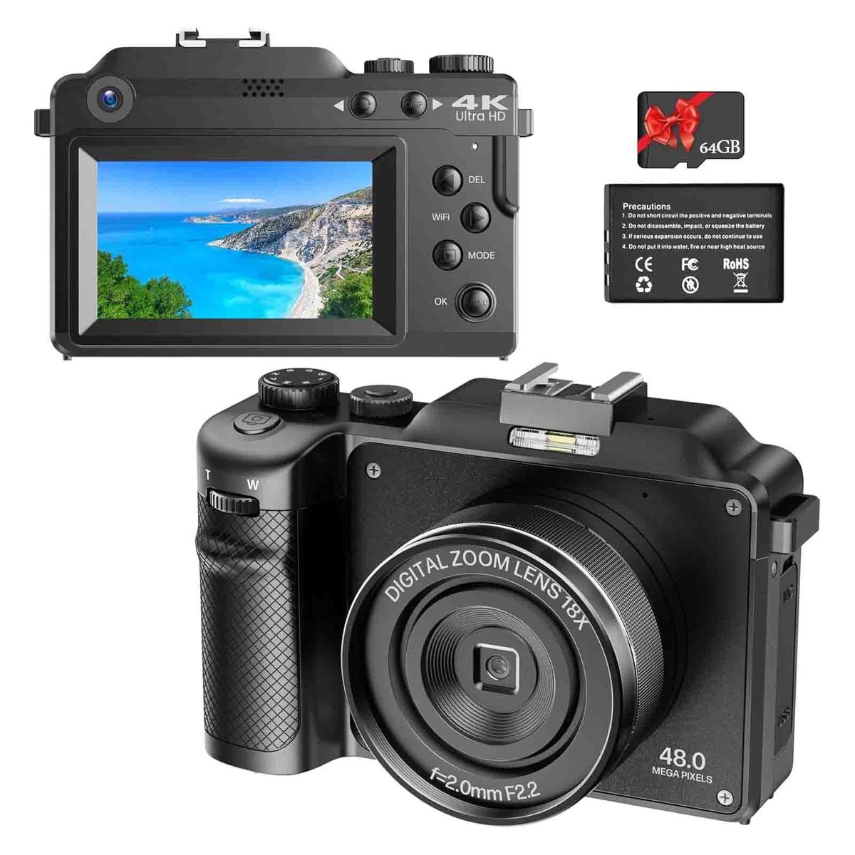Digital Camera 4K UHD 48MP Photo 4K Video Recorder, Dual Lens