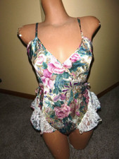 Vtg Victoria  s Secret Floral Gold Label Satin/Lace Ruffled Teddy Lingerie S 90s