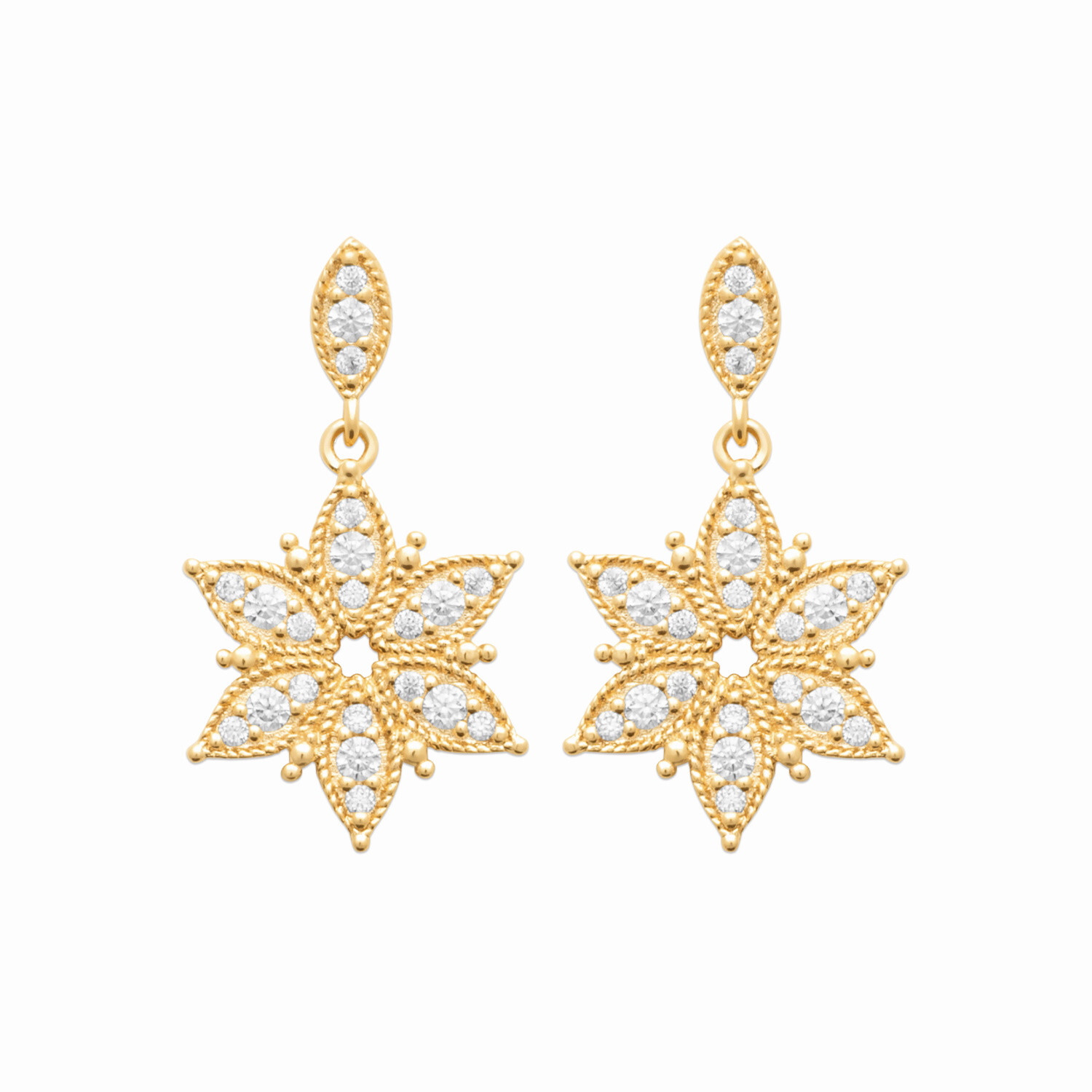 Boucles d'oreilles pendantes fleur en plaqué or 750/000 et oxydes de zirconium scintillants