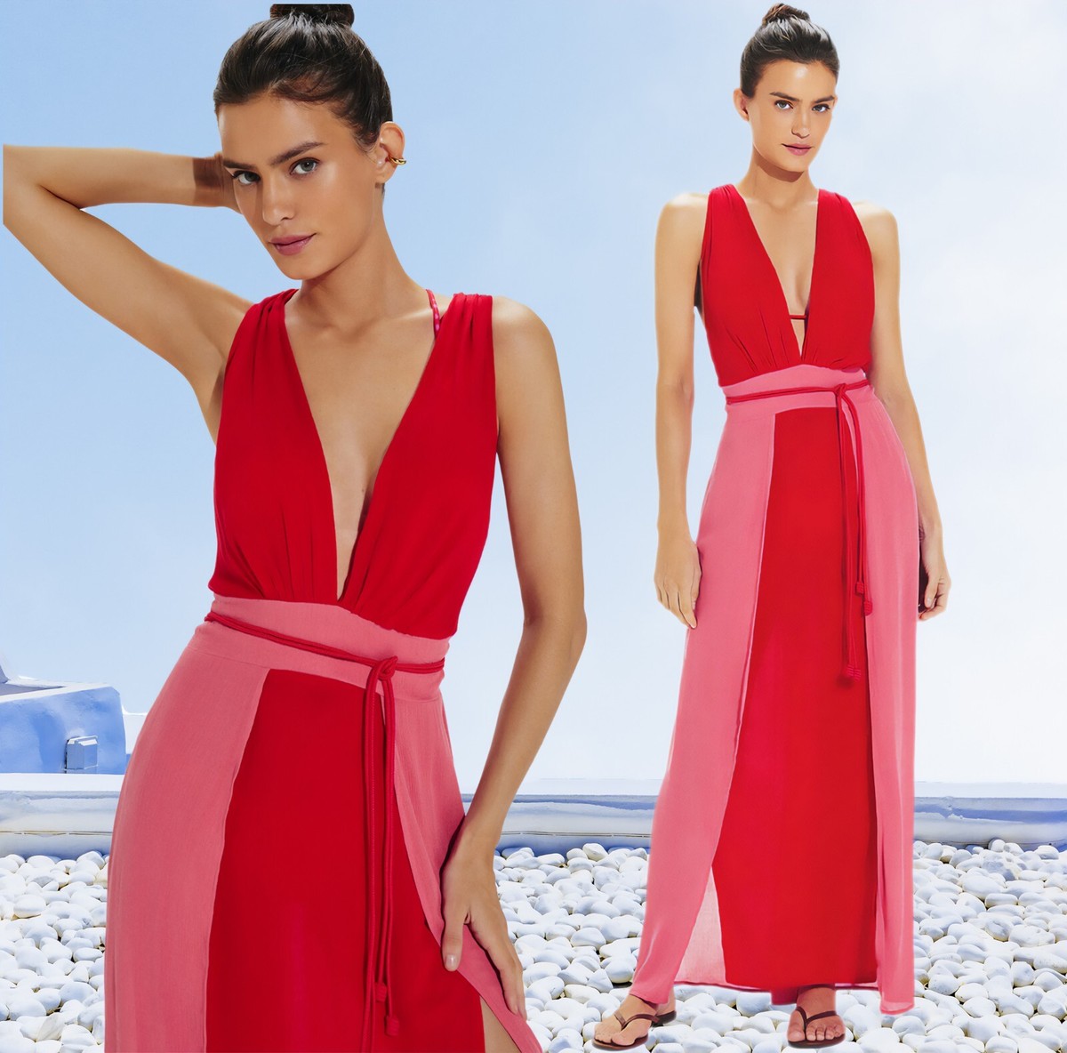 Vix Brigite Colorblock Red Pepper & Pink Long Cover Up Plunge Maxi Dress M  L | eBay