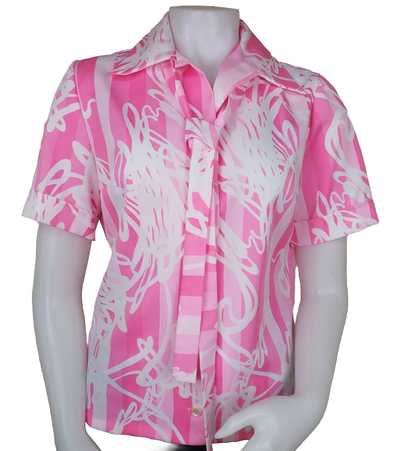 70s Pussy Bow Top Womens M Pink Floral Polyester … - image 1