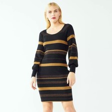 Women's $60 Nine West Balloon Sleeve Tan Stripe Black Sweater Dress Size XS NWT