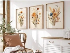 Botanical Floral Wall Art Set of 3 Vintage Wildflower Canvas Wall Decor Watercol