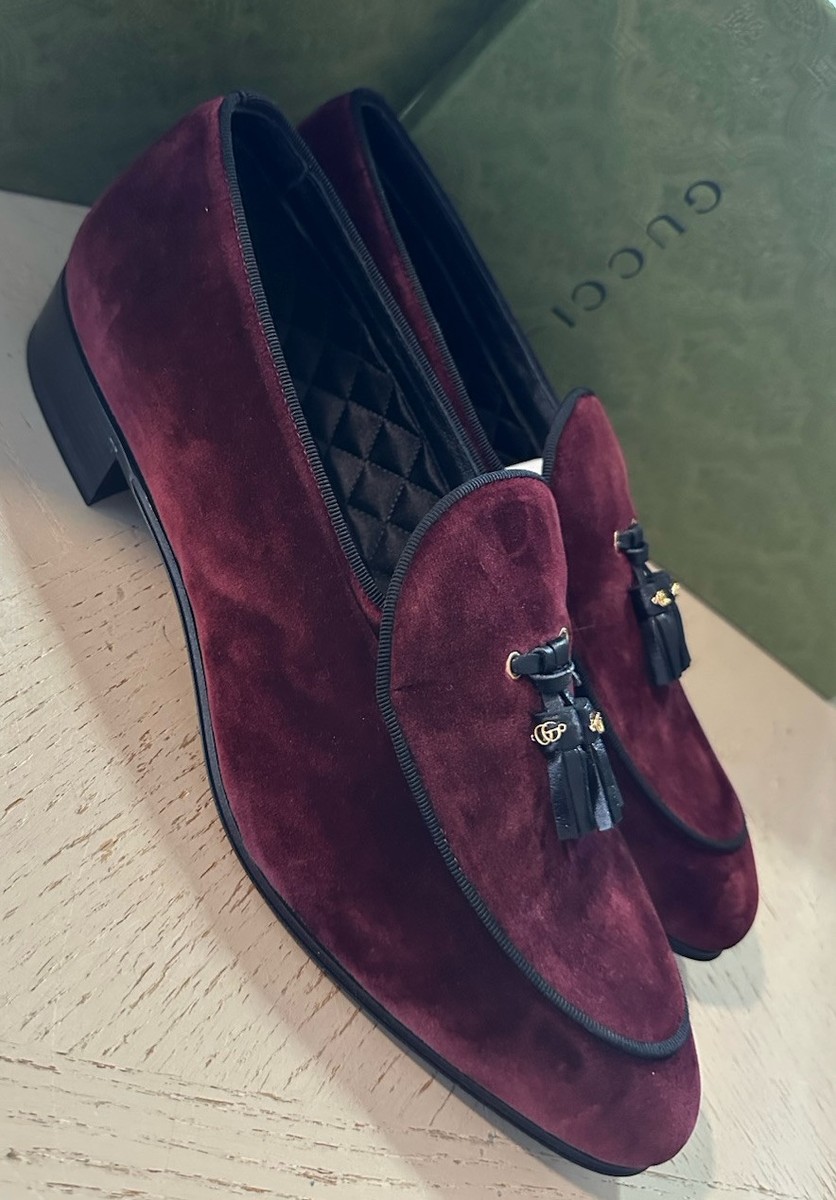 【関税&送料込】Gucci Burgundy Gg Fabric And Suede Re-Motion Gucci Men GG Logo Velvet Loafers Shoes Burgundy 10.5 US/9.5