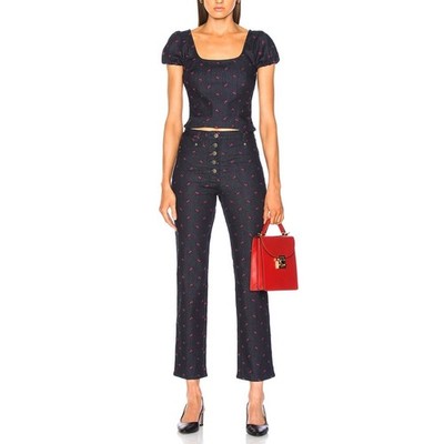 MIAOU Rose Print High Rise Straight Leg Jean Women 24 Blue Dark Wash Embroidered